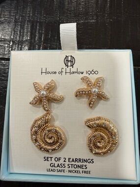 House of Harlow 1960 Gold Starfish and Shell Stud Earring Set